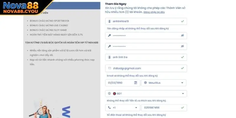 Cung cấp thông tin theo hướng dẫn đăng ký Nova88